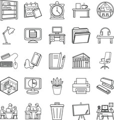 Office Workspace Icons Desk, Computer, Furniture, Supplies, Organization