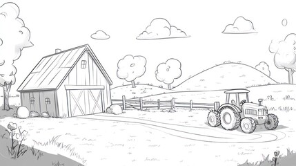 Obraz premium Tractor on Farm Near Barn and Rolling Hills