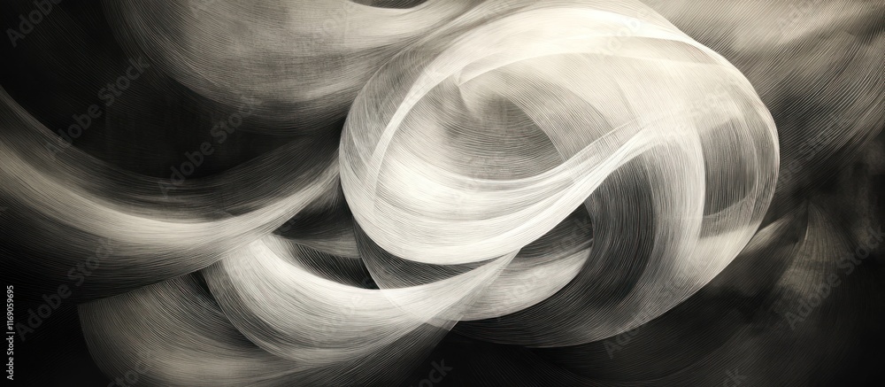 Poster abstract grayscale swirls and curves, dynamic motion blur effect.