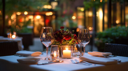 beautifully set table in outdoor restaurant, featuring elegant glassware, floral centerpiece, and soft candlelight, creating romantic atmosphere for dining