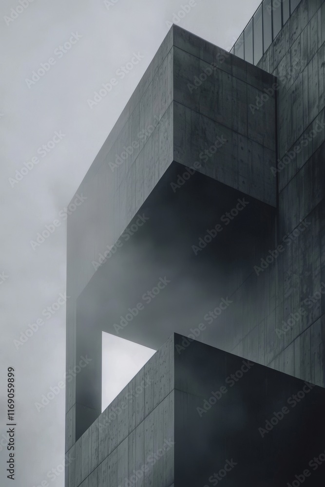 Poster modern concrete building architecture in fog