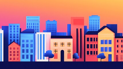 Vibrant Abstract Cityscape Illustration Featuring Diverse Building Shapes and Colors Against a Bright Gradient Sky at Dusk