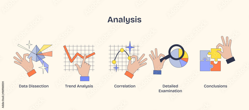 Poster analysis focuses on hands manipulating graphs, charts, and puzzles, symbolizing data interpretation.