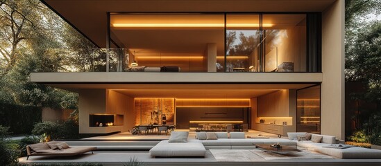 Modern luxury two-story house with open floor plan, large windows, and outdoor patio.
