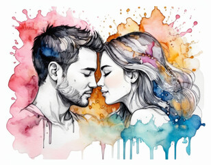 Couple in love together, valentine sketch ink art