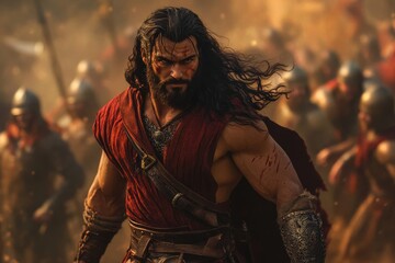Obraz premium Heroic warrior stands amidst a fierce battle in an ancient landscape, with soldiers rallying in the background during a dramatic sunset