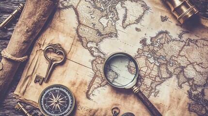 A detailed close-up of a vintage world map laid out on an old wooden table. Surrounding elements include a compass, magnifying glass, and antique keys. Warm sepia tones create a nostalgic atmosphere.