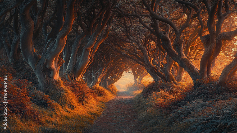 Poster mystical path through ancient twisted trees at dawn