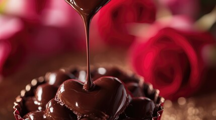 A macro shot of melting chocolate drizzling over a heart mold, with soft-focus roses in the background, [sensual indulgence], [culinary art]