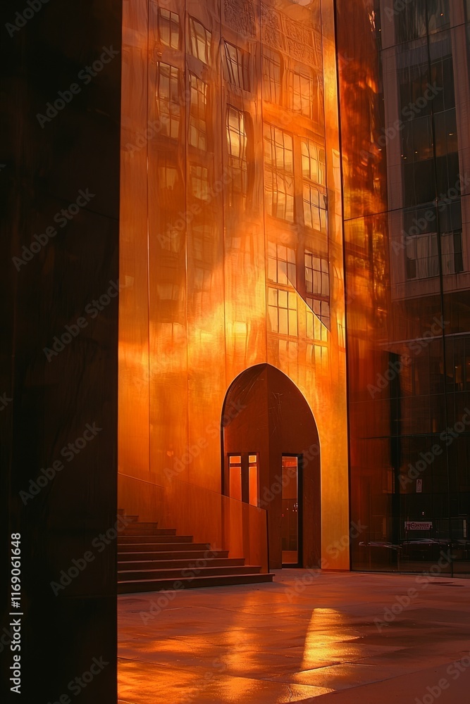 Poster golden hour architecture: copper building with reflection