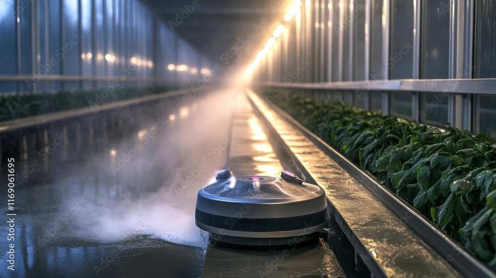 Poster a robotic cleaner operates in a greenhouse, using steam to sanitize while surrounded by rows of plan