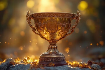 golden trophy cup gleaming against a dreamy bokeh background symbolizing achievement and success with hints of celebration and educational milestones