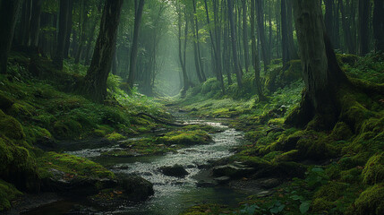 Obraz premium Serene forest landscape with a gentle stream flowing through lush greenery