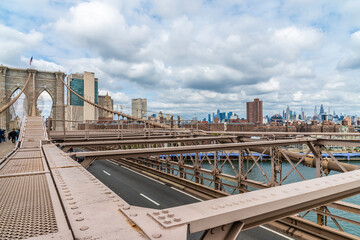 A view across the upper section of the Brooklyn Bridge towards Brooklyn, New York, in the fall