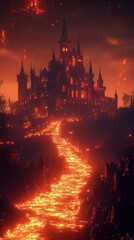 Fototapeta premium Apocalyptic Fiery Enchanted Castle in Surreal Molten Landscape Dramatic Cinematic Image of a Medieval Fantasy Castle Engulfed in Flames and Lava Erupting from a Volcanic Underworld