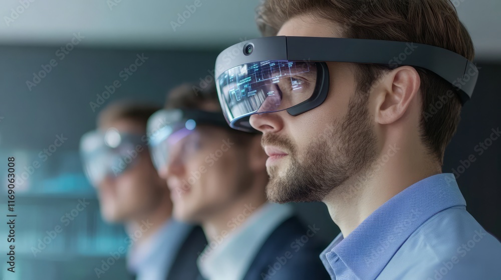 Poster group of professionals engaged in advanced technology with augmented reality glasses in a modern off