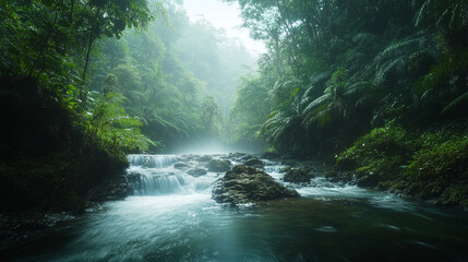 Fototapeta premium Peaceful river flows through lush green jungle in a misty morning landscape