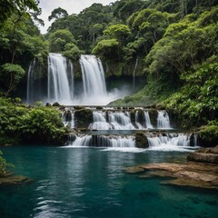 Obraz premium A large, picturesque waterfall crashing into a clear pool below, surrounded by lush greenery.