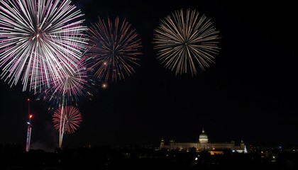 Vibrant Pink and Purple Fireworks Explode Against a Dark Night Sky