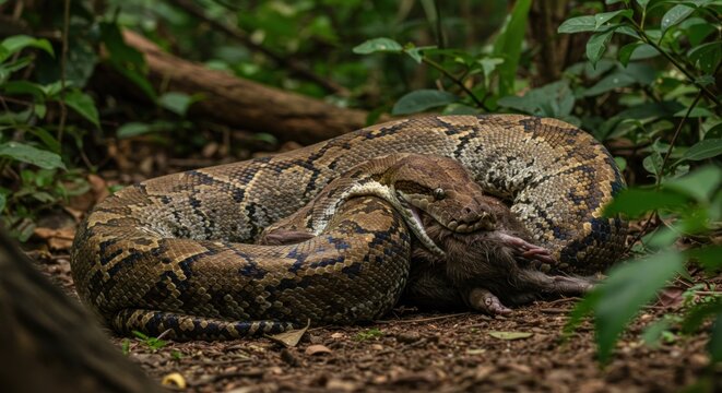 Reticulated Python Consuming Prey In Rainforest Habitat