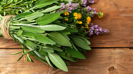 Fototapeta premium A rustic bouquet of fresh sage leaves tied with twine, accented by vibrant purple and yellow wildflowers, displayed on a wooden surface for a natural look.