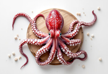 Top view a raw octopus on wooden board and white background