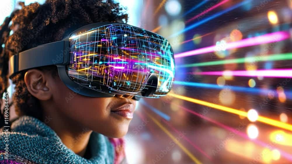 Poster exploring virtual reality through advanced technology and immersive experiences
