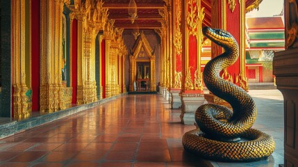 Serene Temple with Vibrant Red and Gold Decor