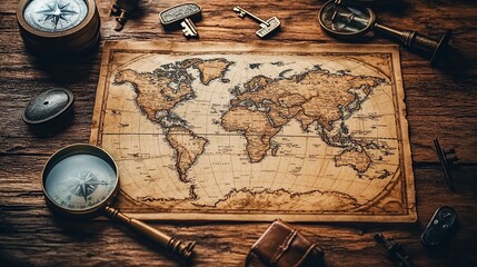 A detailed close-up of a vintage world map laid out on an old wooden table. Surrounding elements include a compass, magnifying glass, and antique keys. Warm sepia tones create a nostalgic atmosphere.