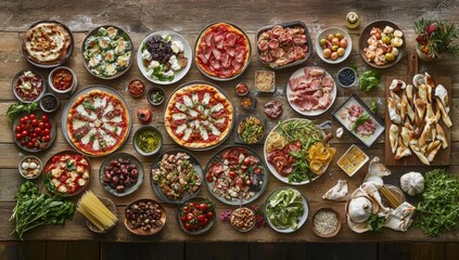 Fototapeta premium A Culinary Delight Featuring an Assortment of Italian Dishes, Including Pizza, Pasta, Fresh Vegetables, Meats, Cheeses, and Gourmet Ingredients Perfect for Any Food Lover