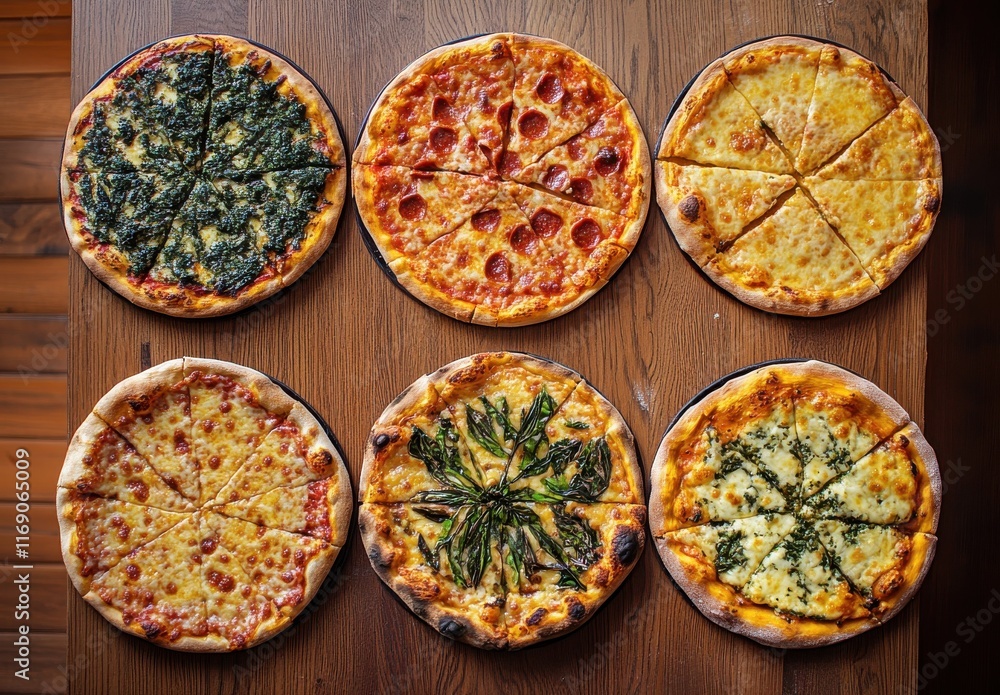 Aufkleber a delicious array of six distinct pizza varieties displayed on wooden table, featuring classic toppi
