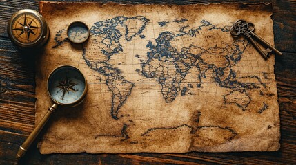 A detailed close-up of a vintage world map laid out on an old wooden table. Surrounding elements include a compass, magnifying glass, and antique keys. Warm sepia tones create a nostalgic atmosphere.