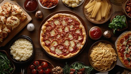 A Delicious Spread of Italian Cuisine Featuring Pizza, Pasta, Fresh Ingredients, and Various Sauces Perfect for Culinary Art or Food Presentation