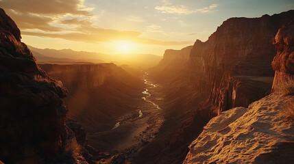 Fototapeta premium Beautiful sunset over Grand Canyon with flowing river and rugged cliffs