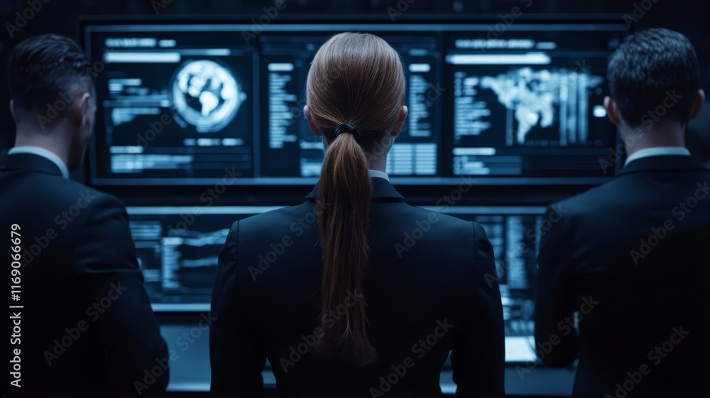 Poster professionals analyzing data on high-tech screens in a modern corporate environment, showcasing team