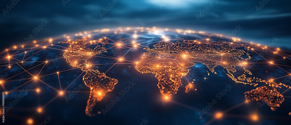 Poster a digital business network concept with abstract lines and nodes connecting the globe