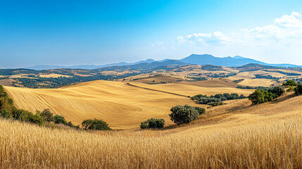 Obraz premium Golden fields stretch across the landscape under a clear blue sky in Tuscany