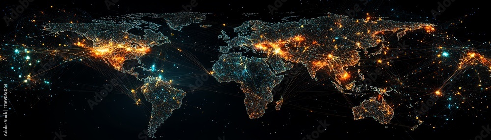 Poster a digital world map featuring a web of interconnected nodes and lines