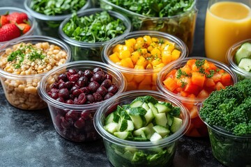 healthy takeaway meal display in ecofriendly containers featuring a vibrant salad bowl of soup poke bowl fresh fruits coffee and juice artfully arranged on a gray background