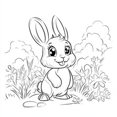 A cute, cartoon-style rabbit stands in a flower-filled meadow, surrounded by fluffy clouds and greenery, ready for coloring.