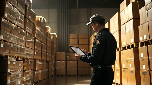 Officer Reviewing Cargo Manifest in Warehouse Setting