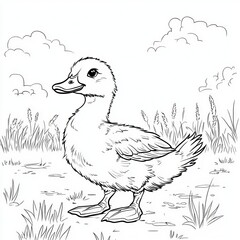 A cute, cartoon-style duck standing in a grassy field under a sunny sky, ideal for coloring or educational purposes.