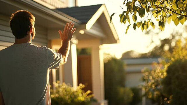 Neighbor Waving from Doorstep in Suburban Setting