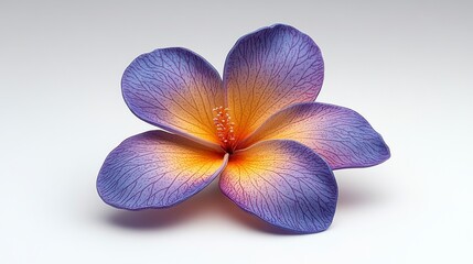 Close-up of a single, purple and orange plumeria flower on a white background.