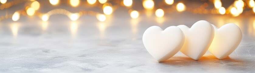 Fototapeta premium A serene image featuring three white hearts against a blurred background of soft, glowing lights, evoking feelings of love and warmth.