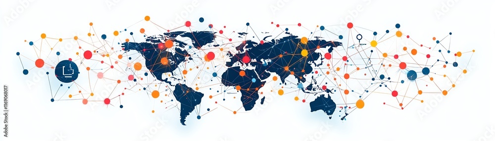 Poster a modern global business network design with interconnected digital nodes and lines, representing co