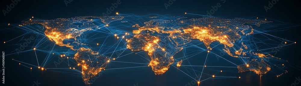 Poster a modern global business network design with interconnected digital nodes and lines, representing co