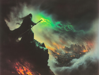 A shadowy figure wielding a glowing green staff, standing at the edge of a cliff overlooking a burning battlefield. The figure’s motives remain unclear, but the surrounding storm reflects its immense 