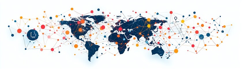 A modern global business network design with interconnected digital nodes and lines, representing corporate communication, technology, and social media connections on a digital map