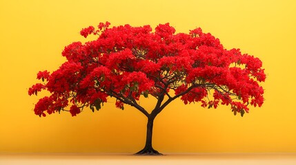 red tree standing out beautifully against a yellow studio backdrop